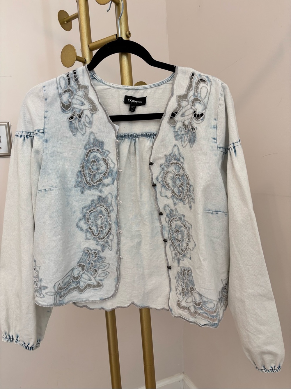 Express Light Blue over size Embroidered Button-Down Peasant Shirt